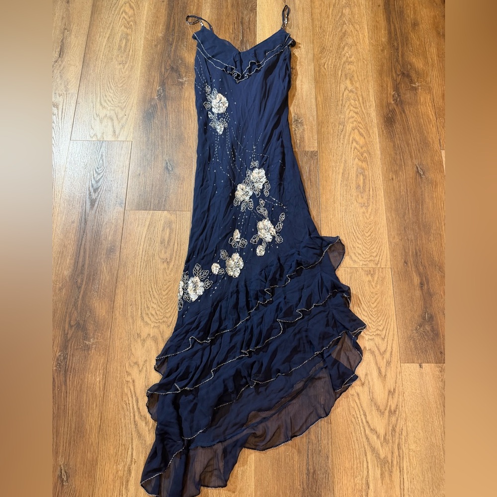 Vintage Y2K 100% Silk Beaded Dress Blue Floral Beaded Fairy Ruffle Prom Dress - Picture 15 of 16
